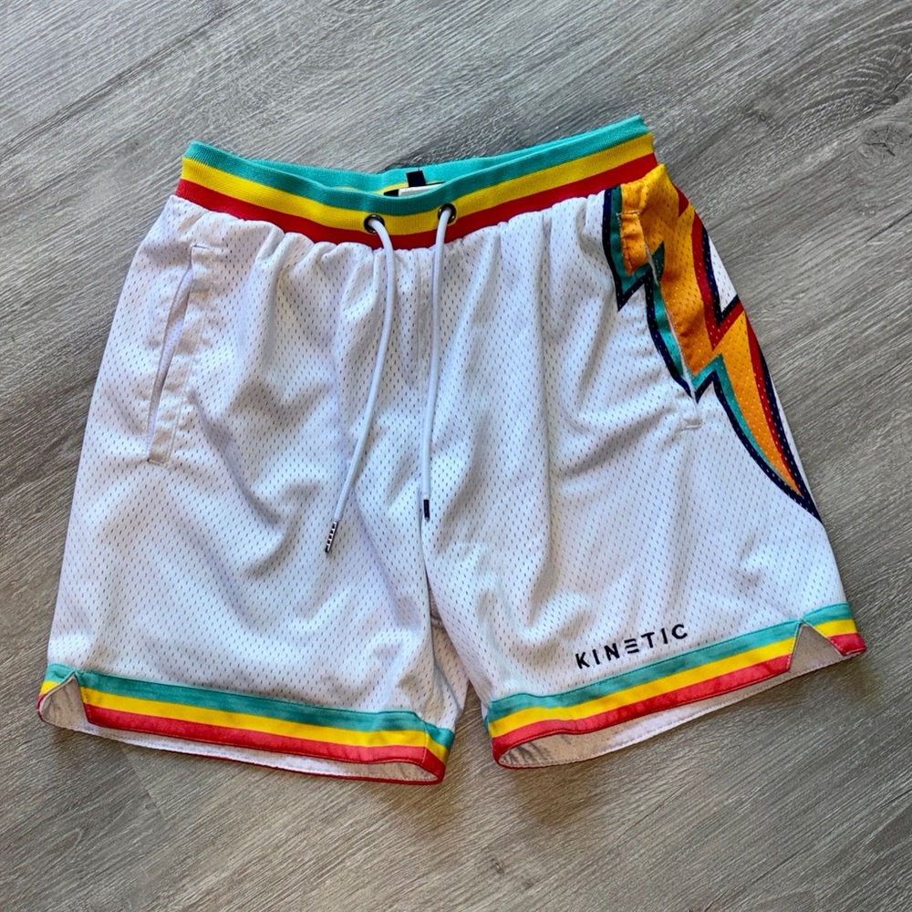 Kinetic Men’s White Athletic Shorts with Rainbow Trim